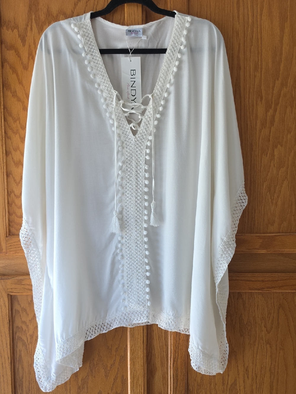 Bindya White Crochet-Trim Boho Peasant Beach Cover-Up